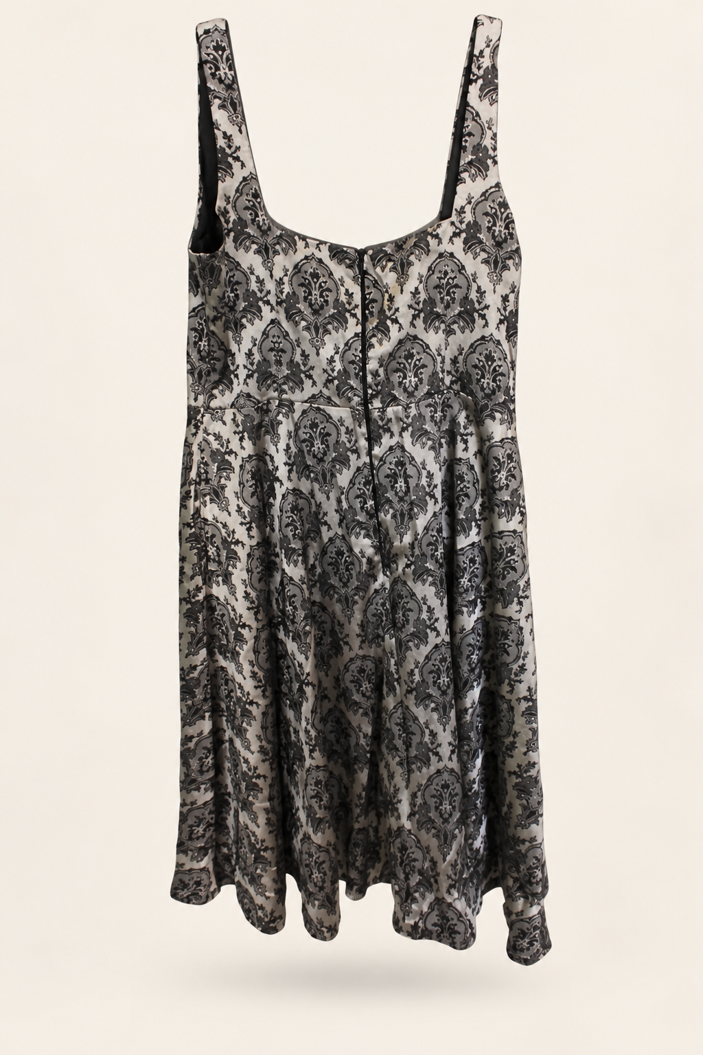 CR-0079, Kitten D’Amour Grey & Black Damask Dress, garment-only rear view. AI-edited from the actual garment photo; hanger and background removed.