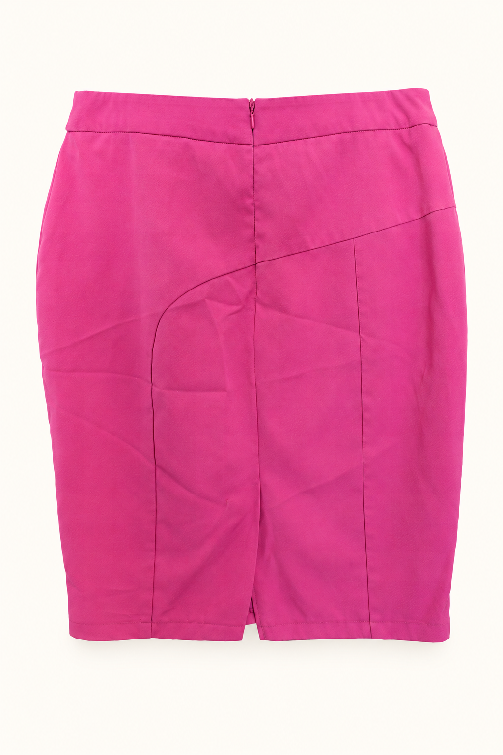 CR-0080, Fuchsia Curved-Panel Pencil Skirt, AI-edited garment-only rear view based on the actual item photograph