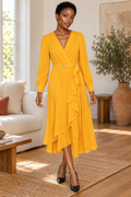 SHEIN Mustard Belted Ruffle-Front Dress, AI-generated model front view