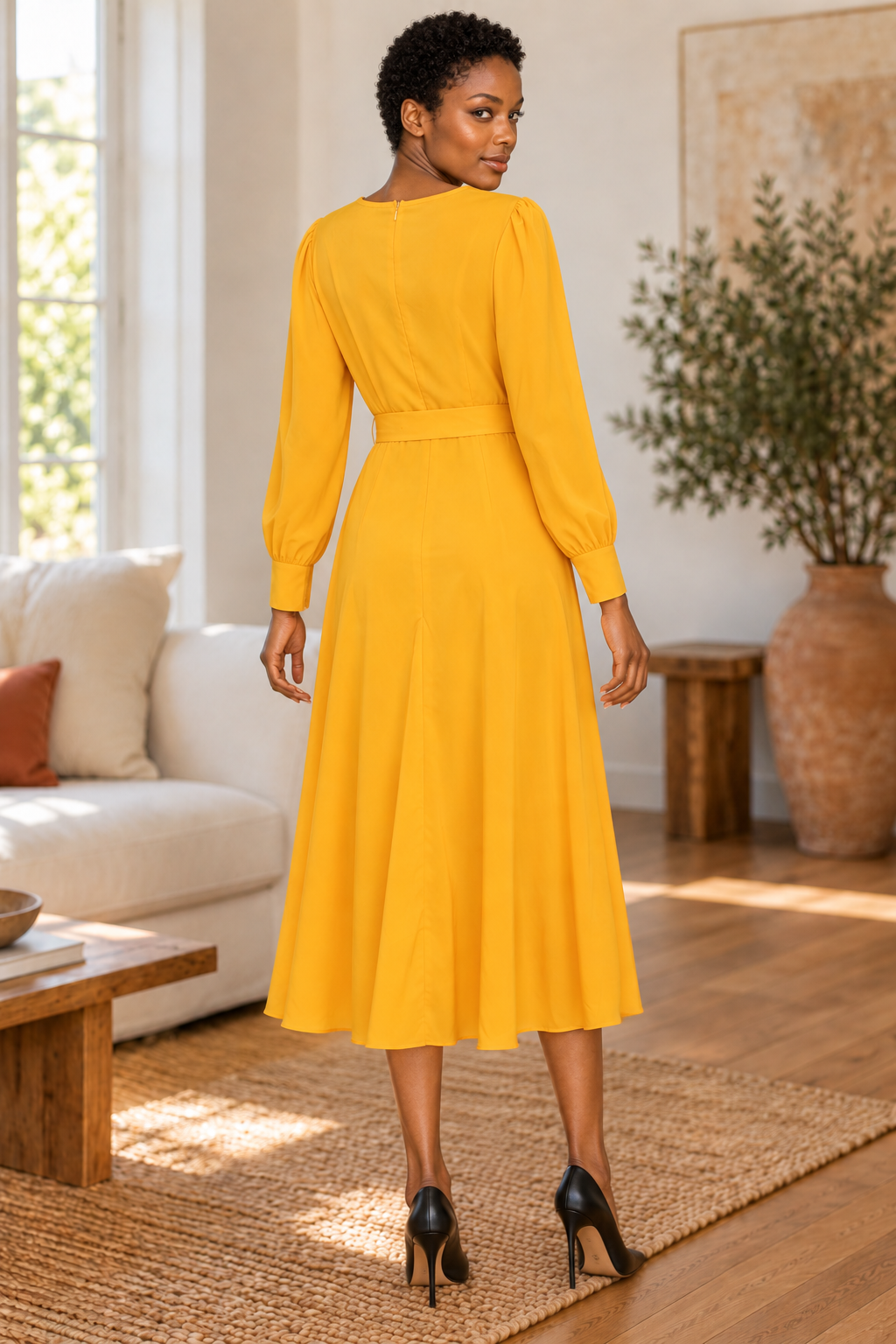 SHEIN Mustard Belted Ruffle-Front Dress, AI-generated model rear view