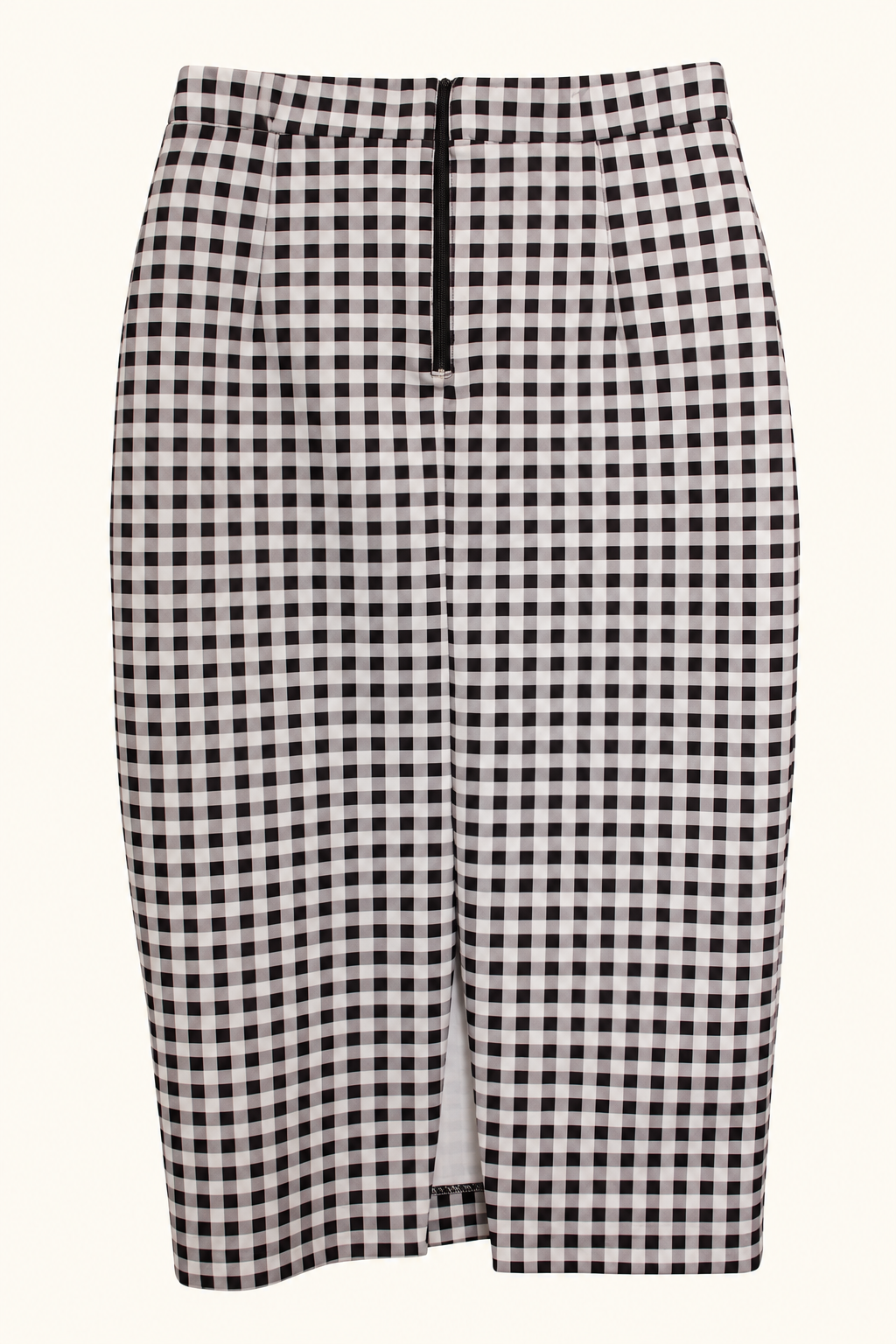 CR-0086, Black & White Gingham Pencil Skirt, AI-edited garment-only rear view based on the actual item photograph