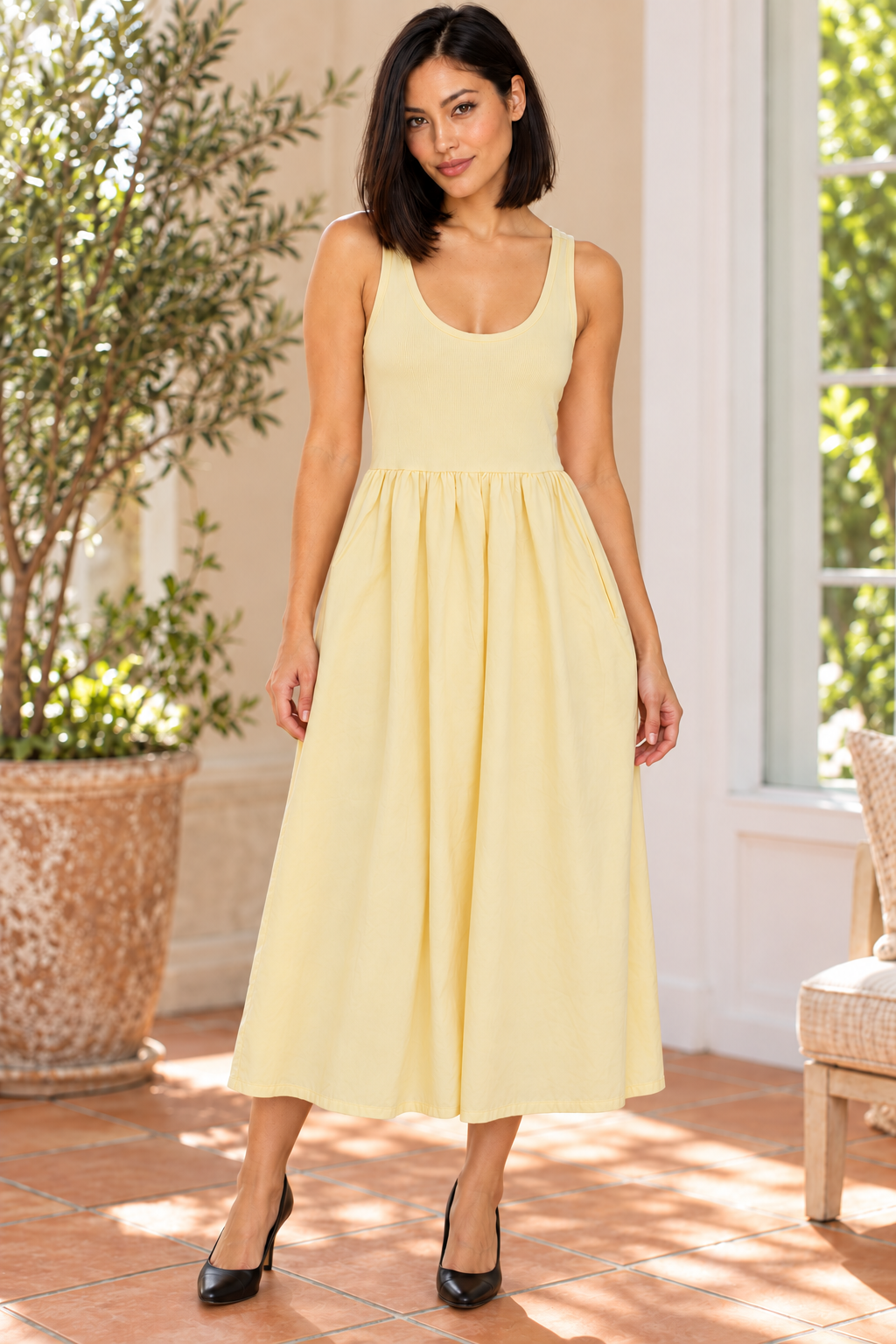Pale-Yellow Gathered-Waist Sleeveless Dress, AI-generated model front view