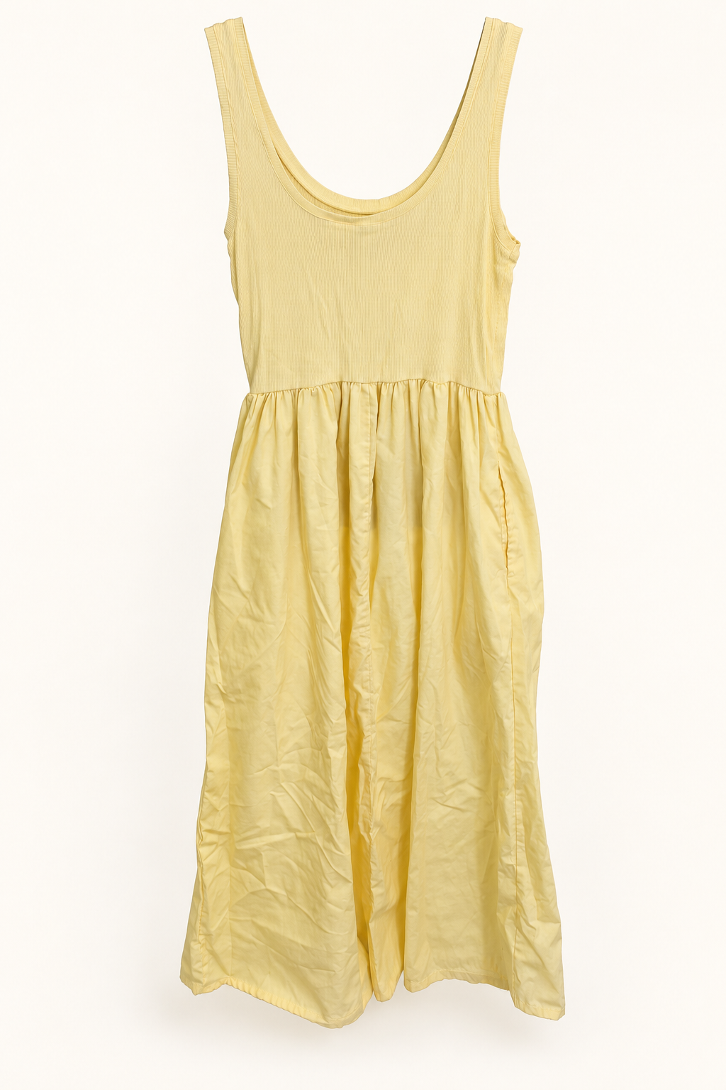 CR-0092, Pale-Yellow Gathered-Waist Sleeveless Dress, AI-edited garment-only rear view based on the actual item photograph