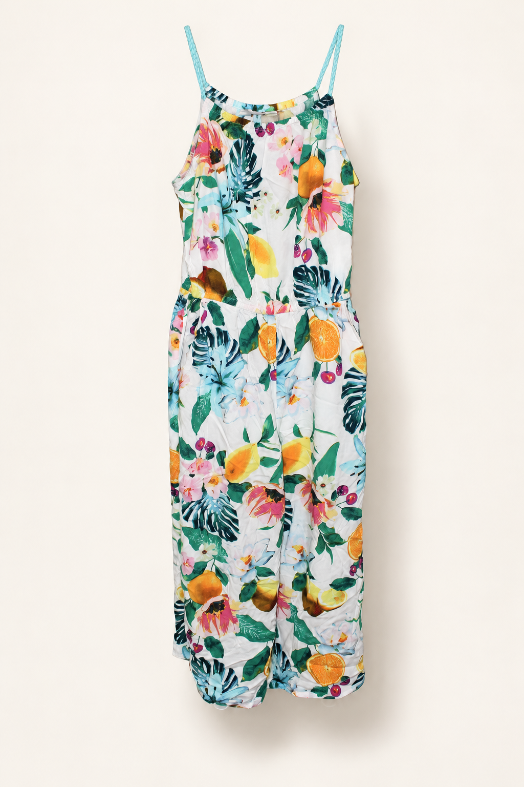 Tropical Fruit & Floral Strappy Jumpsuit, AI-edited garment-only front view based on the actual item