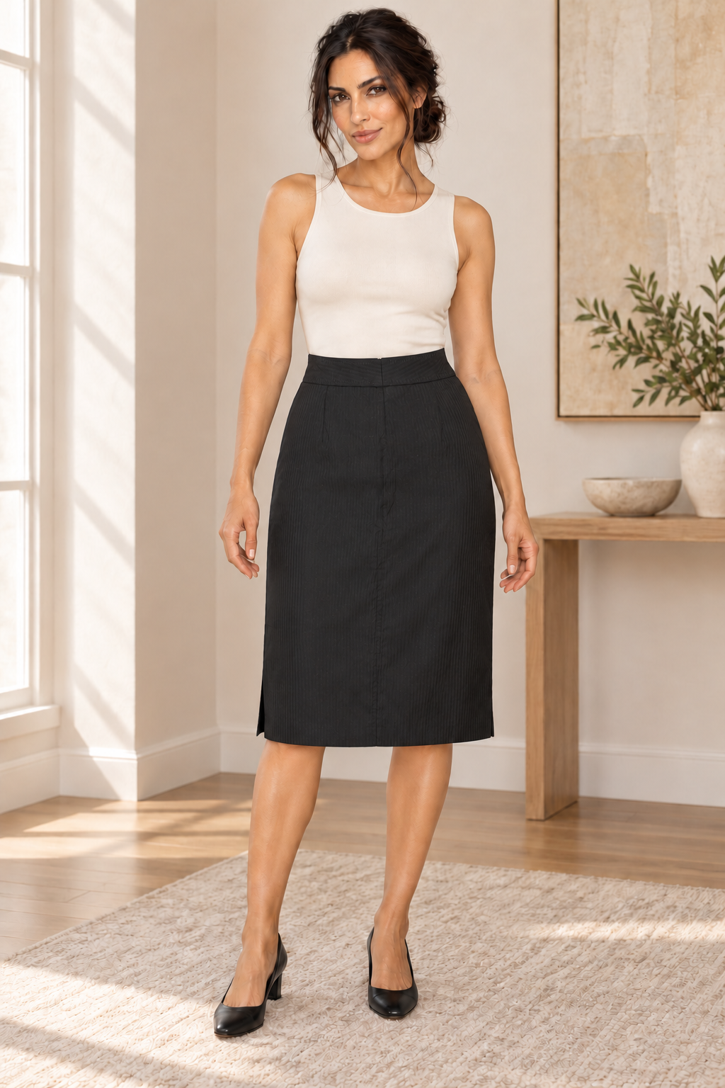 Black Tonal-Stripe Straight Skirt, AI-generated model front view