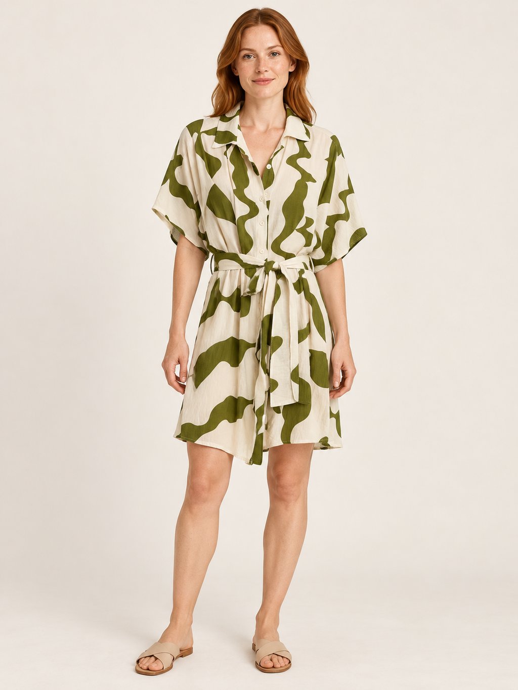 AI-generated front model view of Winnie & Co Olive & Cream Abstract-Print Shirt Dress