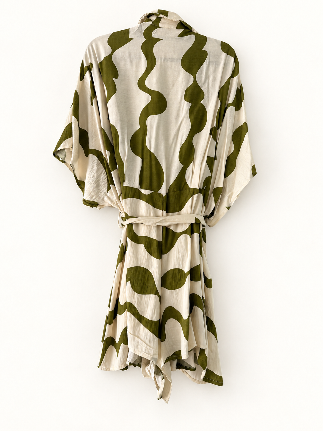 AI-edited garment-only back view of Winnie & Co Olive & Cream Abstract-Print Shirt Dress, based on the actual item photo