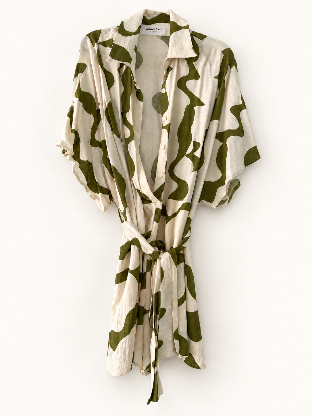 AI-edited garment-only front view of Winnie & Co Olive & Cream Abstract-Print Shirt Dress, based on the actual item photo