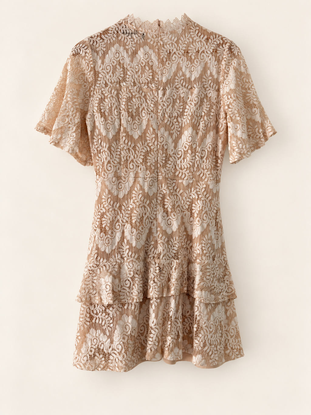 AI-edited garment-only back view of Miss Valley Cream Floral-Lace Ruffle Dress, based on the actual item photo