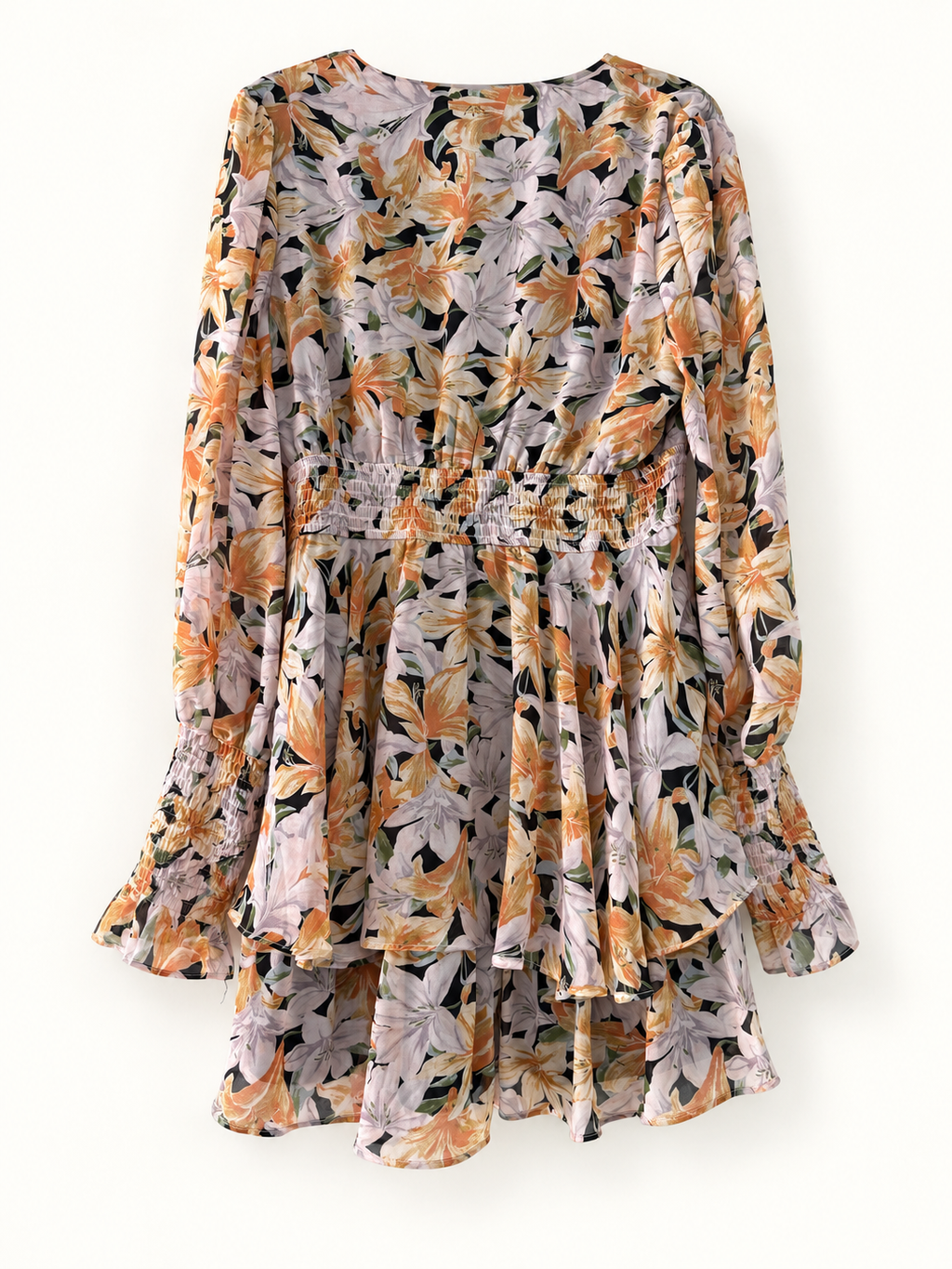 AI-edited garment-only back view of Style State Multicolour Floral Tiered Dress, based on the actual item photo