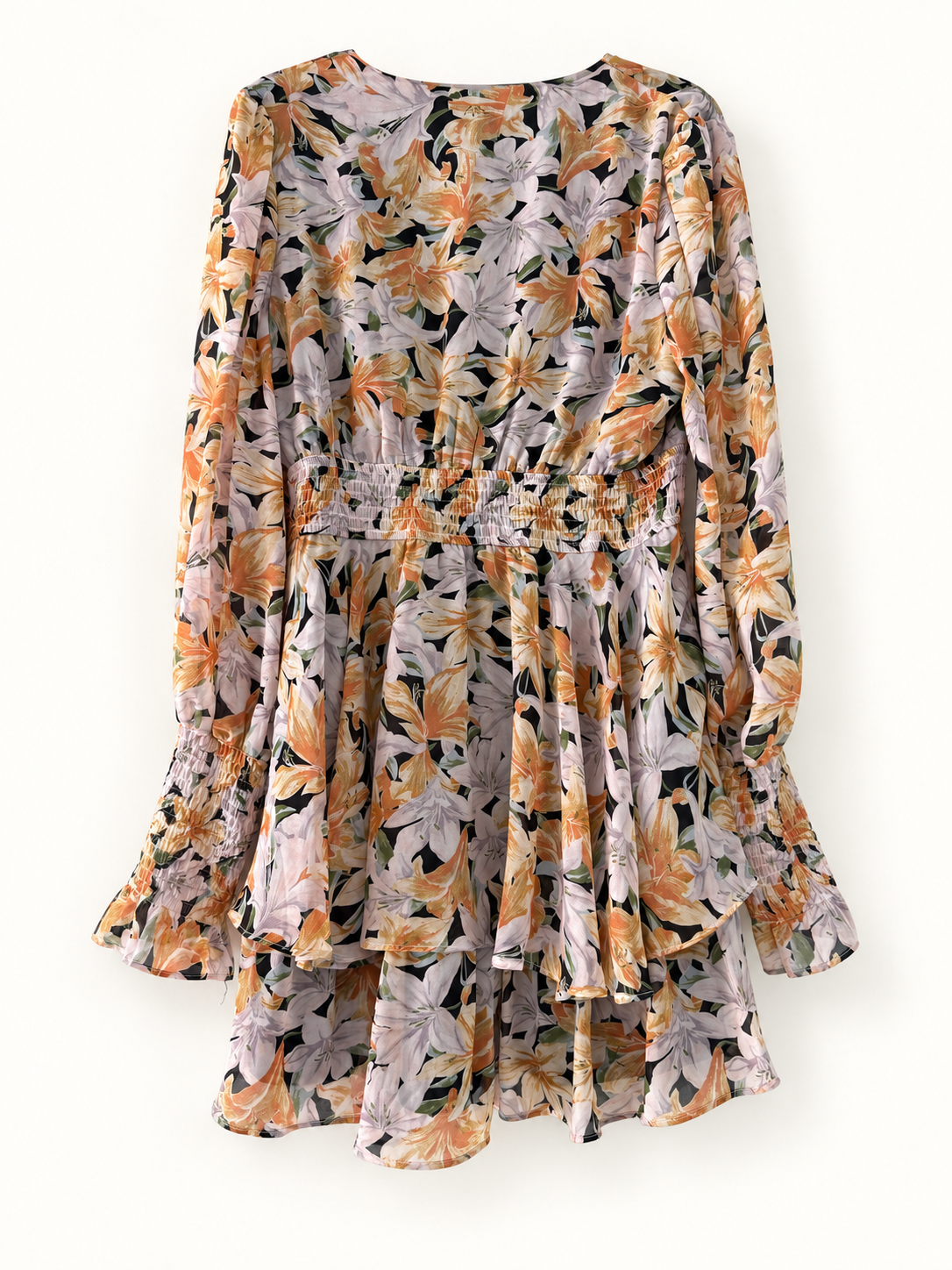 AI-edited garment-only back view of Style State Multicolour Floral Tiered Dress, based on the actual item photo