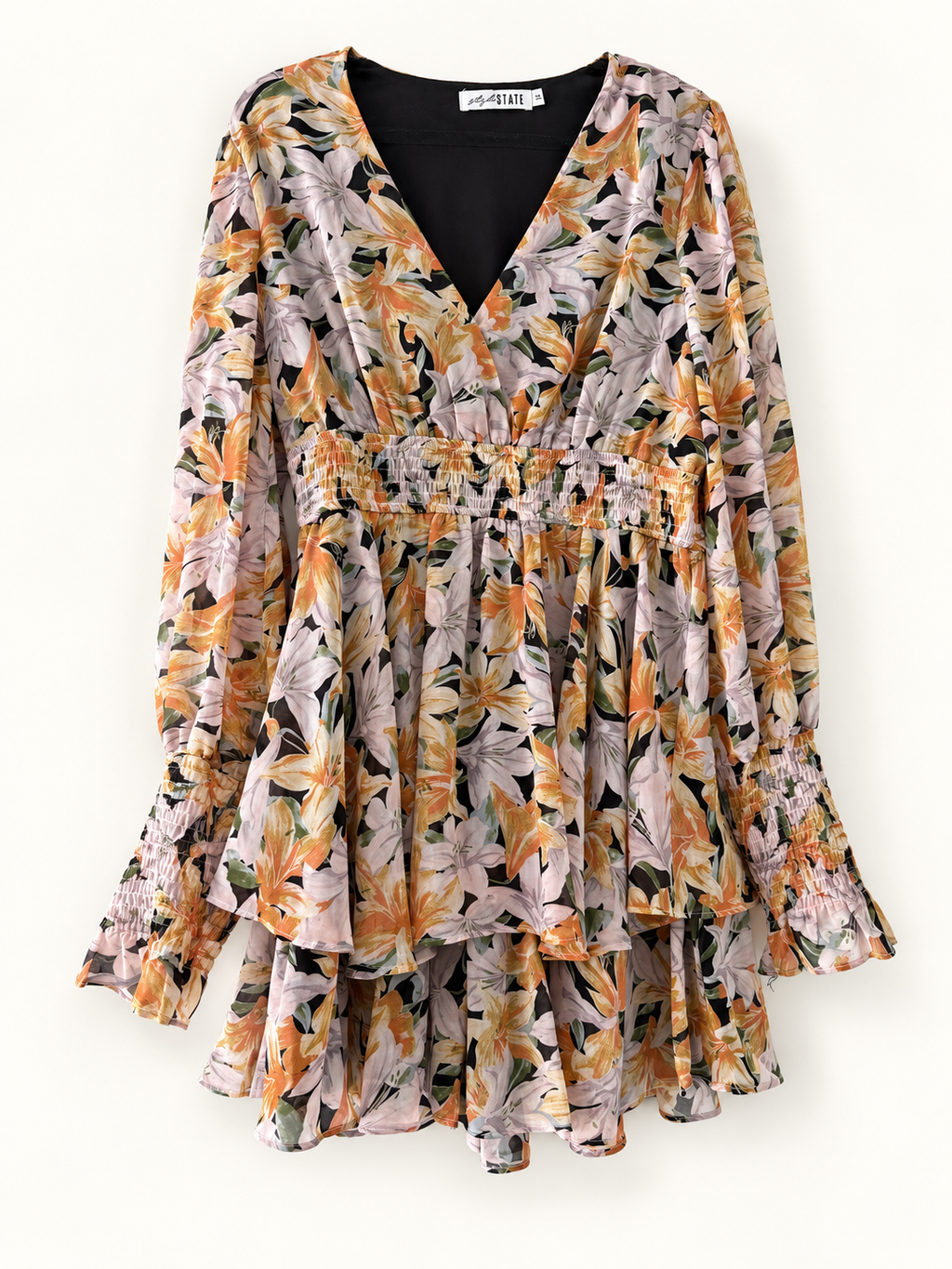 AI-edited garment-only front view of Style State Multicolour Floral Tiered Dress, based on the actual item photo