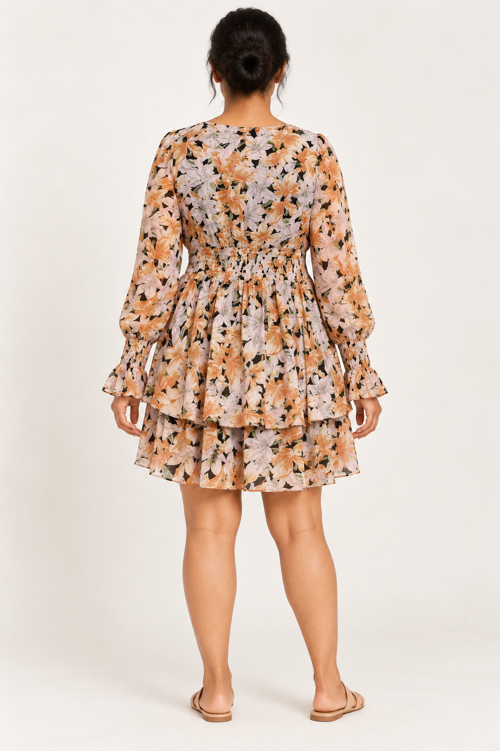 AI-generated rear model view of Style State Multicolour Floral Tiered Dress