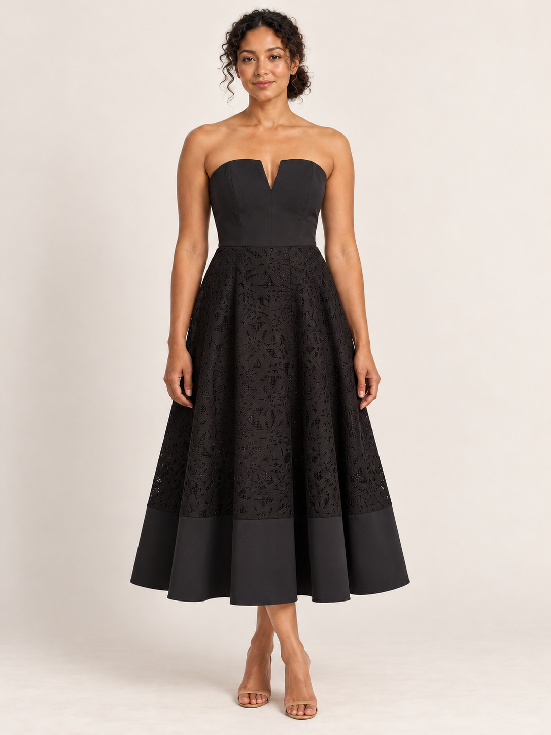 AI-generated front model view of Pilgrim Black Strapless Lace-Panel Dress