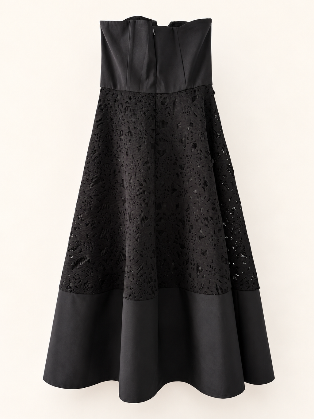 AI-edited garment-only back view of Pilgrim Black Strapless Lace-Panel Dress, based on the actual item photo