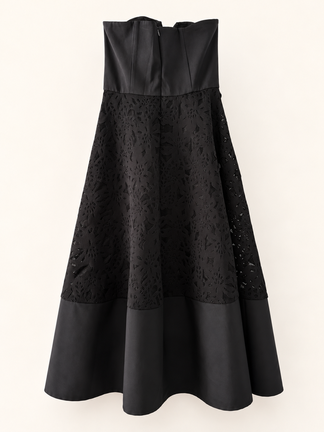 AI-edited garment-only back view of Pilgrim Black Strapless Lace-Panel Dress, based on the actual item photo