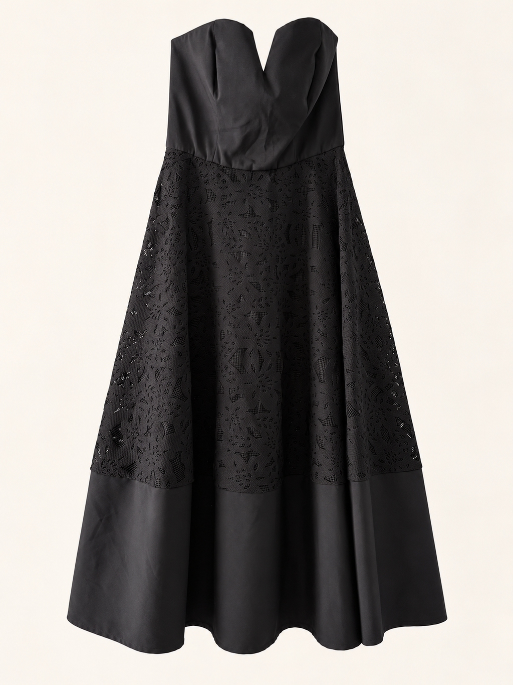 AI-edited garment-only front view of Pilgrim Black Strapless Lace-Panel Dress, based on the actual item photo