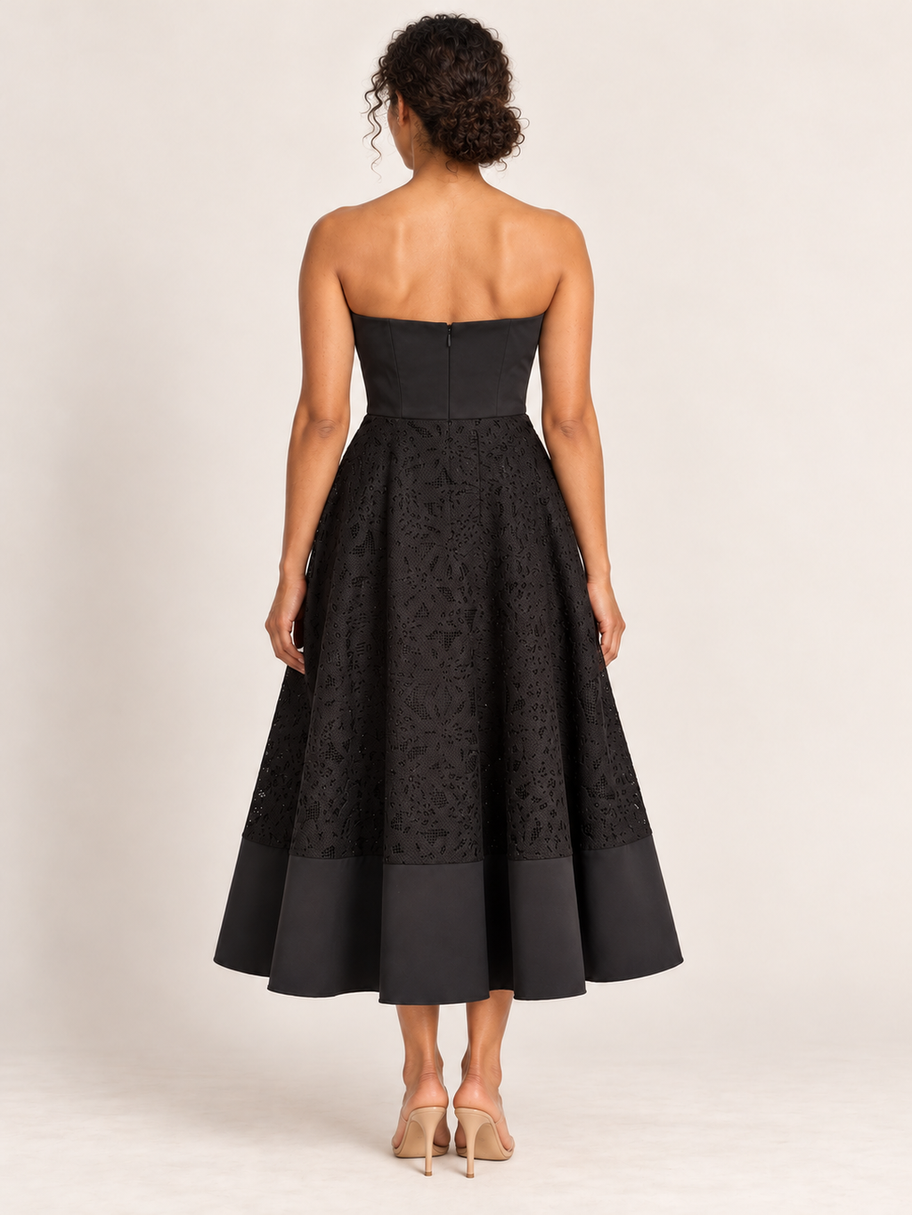 AI-generated rear model view of Pilgrim Black Strapless Lace-Panel Dress