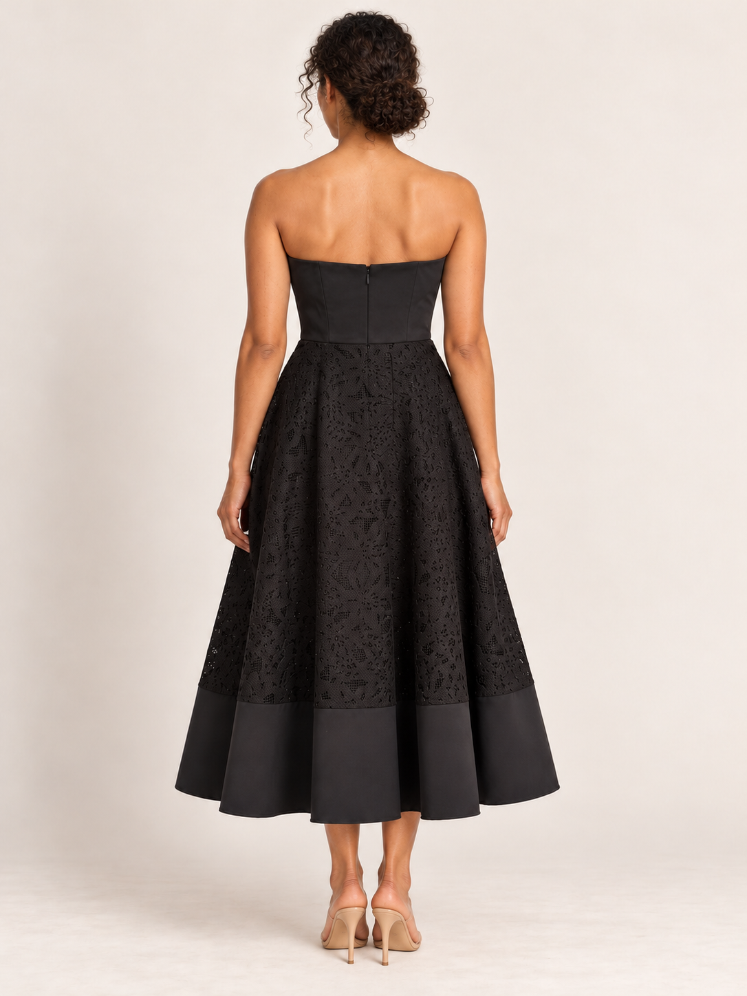 AI-generated rear model view of Pilgrim Black Strapless Lace-Panel Dress