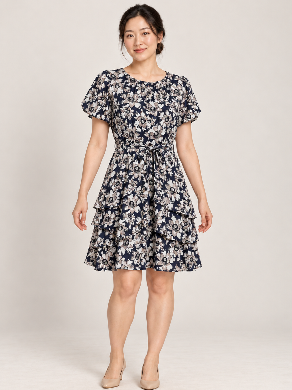 AI-generated front model view of Tokito City Navy & White Floral Tie-Waist Dress
