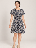 AI-generated front model view of Tokito City Navy & White Floral Tie-Waist Dress