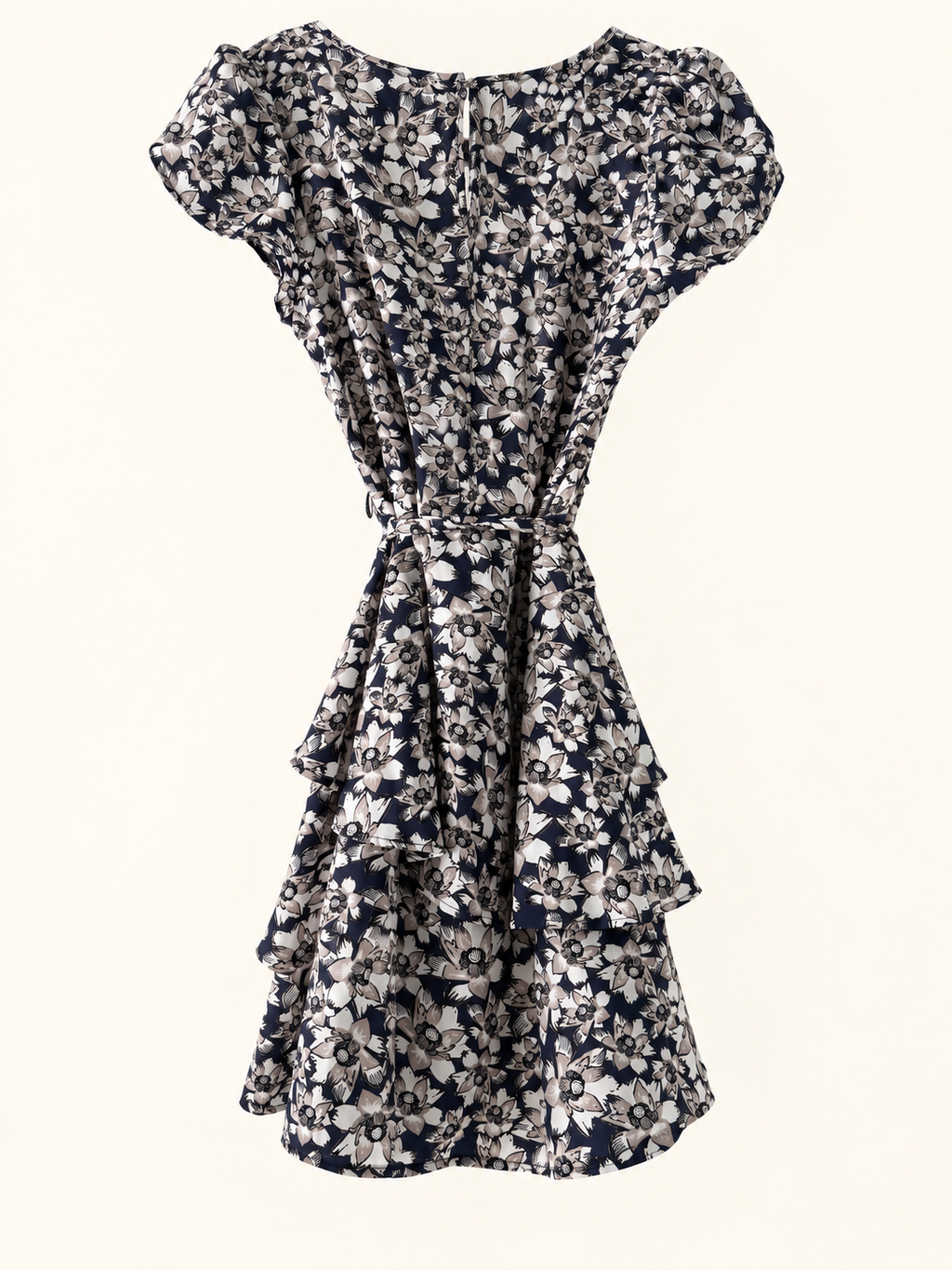 AI-edited garment-only back view of Tokito City Navy & White Floral Tie-Waist Dress, based on the actual item photo