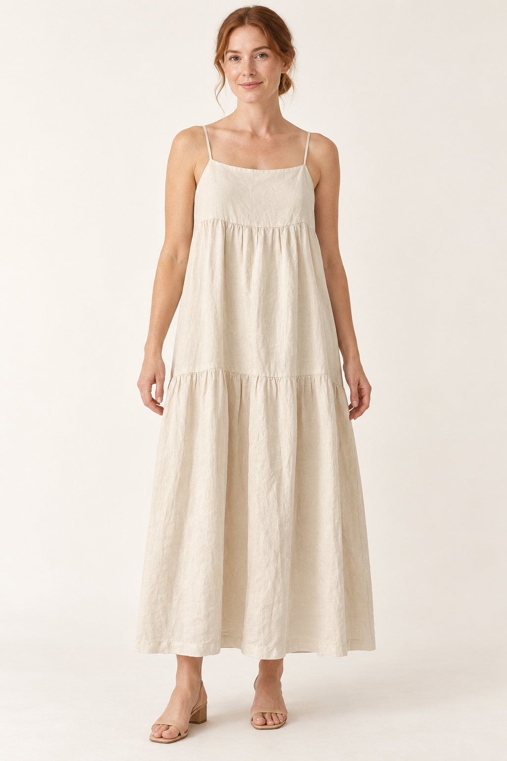 AI-generated front model view of Assembly Label Cream Strappy Tiered Dress