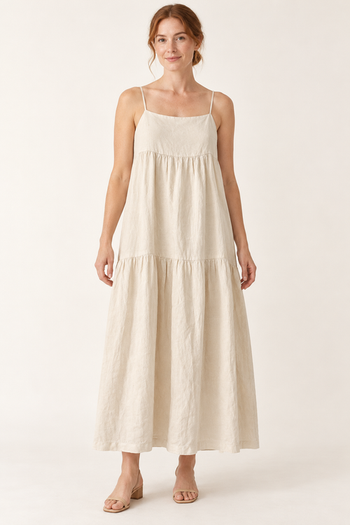 AI-generated front model view of Assembly Label Cream Strappy Tiered Dress