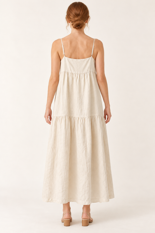AI-generated rear model view of Assembly Label Cream Strappy Tiered Dress