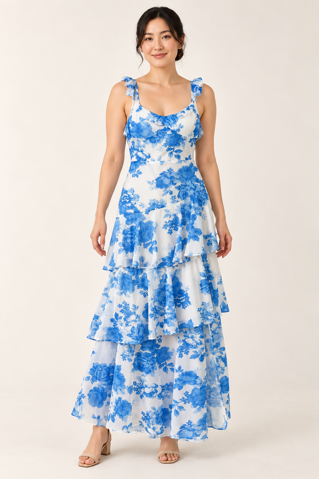 AI-generated front model view of Angel Biba Blue & White Floral Tiered Dress