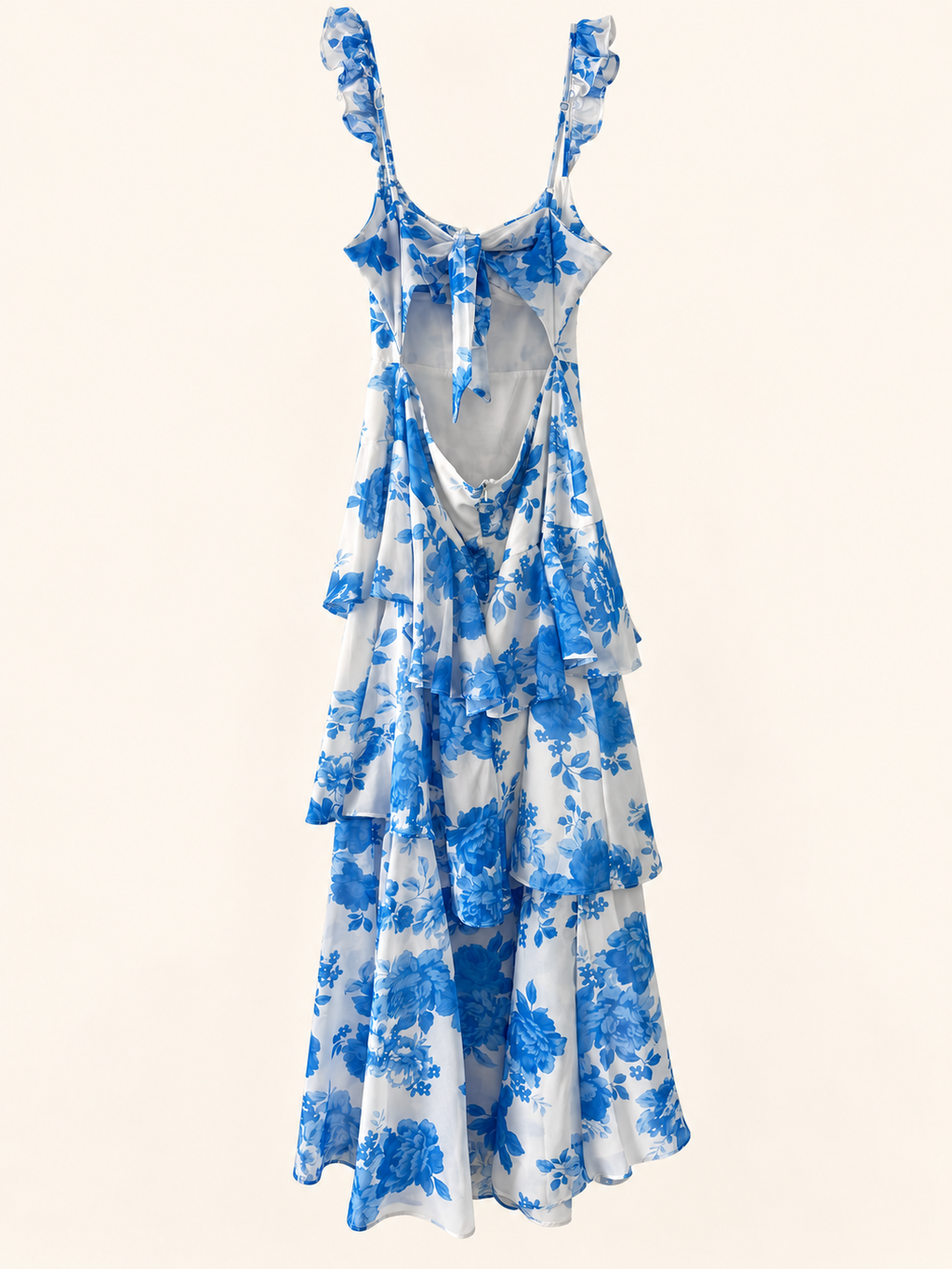 AI-edited garment-only back view of Angel Biba Blue & White Floral Tiered Dress, based on the actual item photo