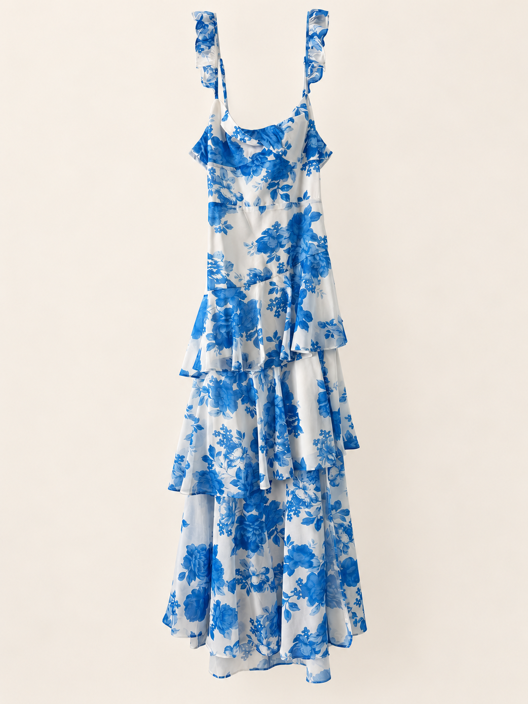 AI-edited garment-only front view of Angel Biba Blue & White Floral Tiered Dress, based on the actual item photo