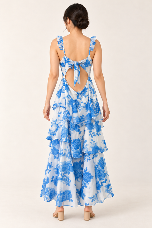 AI-generated rear model view of Angel Biba Blue & White Floral Tiered Dress