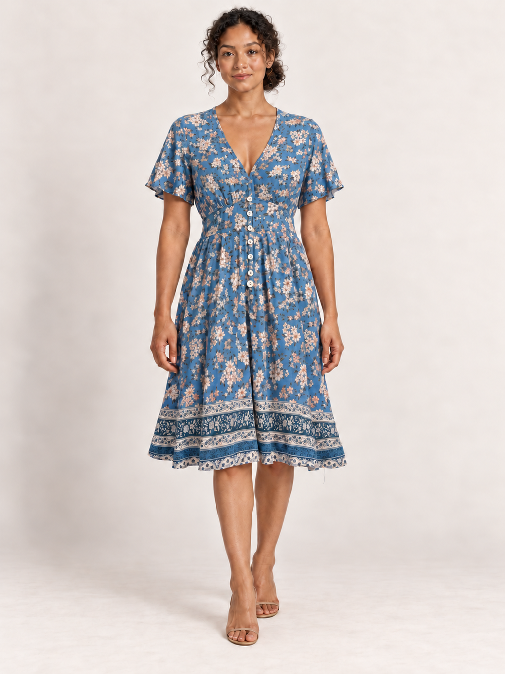AI-generated front model view of Iris Maxi Blue Floral Flutter-Sleeve Dress