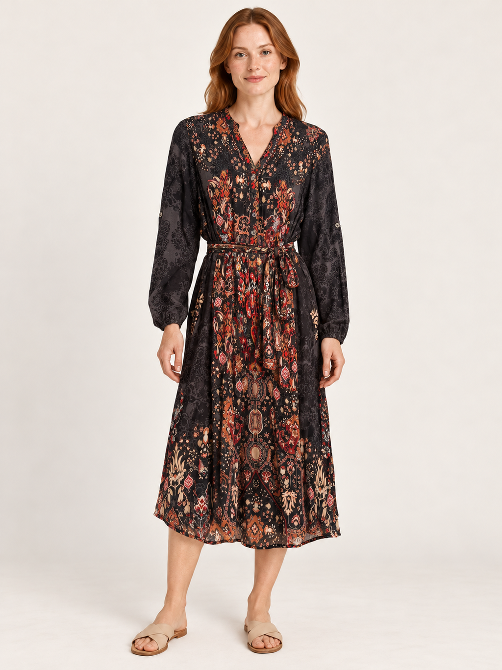 AI-generated front model view of Cienna Black & Rust Floral Tie-Waist Dress