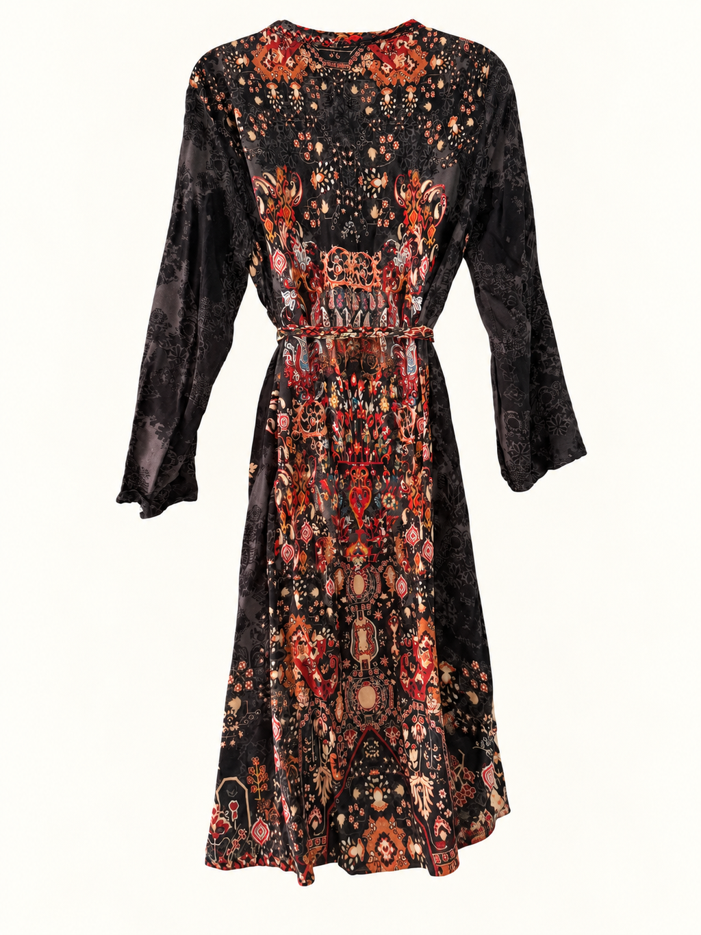 AI-edited garment-only back view of Cienna Black & Rust Floral Tie-Waist Dress, based on the actual item photo