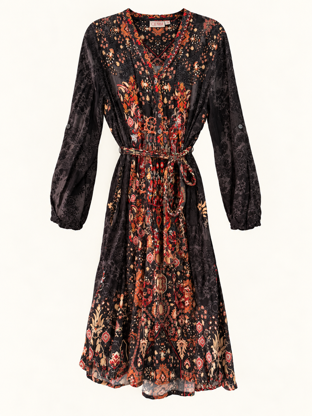 AI-edited garment-only front view of Cienna Black & Rust Floral Tie-Waist Dress, based on the actual item photo