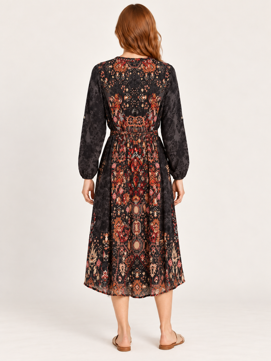 AI-generated rear model view of Cienna Black & Rust Floral Tie-Waist Dress