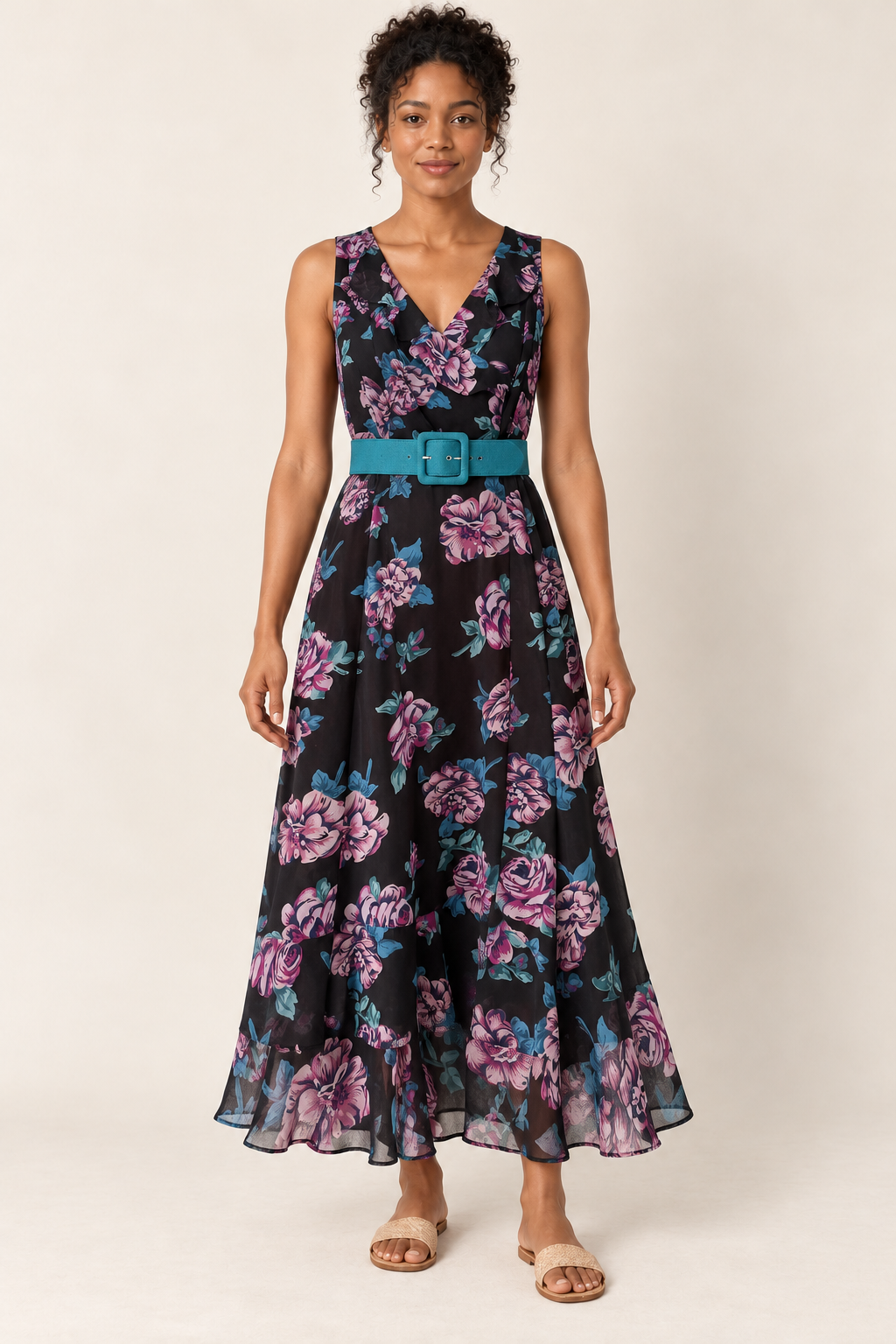 AI-generated front model view of Review Floral Sleeveless Dress with Teal Belt