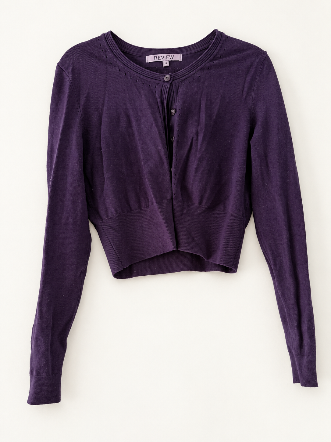 AI-edited garment-only front view of Review Deep Purple Cropped Cardigan, based on the actual item photo