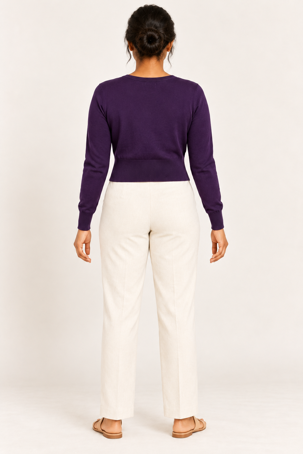 AI-generated rear model view of Review Deep Purple Cropped Cardigan
