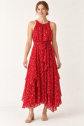 AI-generated front model view of Stella Red Floral Sleeveless Tie-Waist Dress