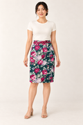 AI-generated front model view of Review Green Floral Pencil Skirt with Pink Belt