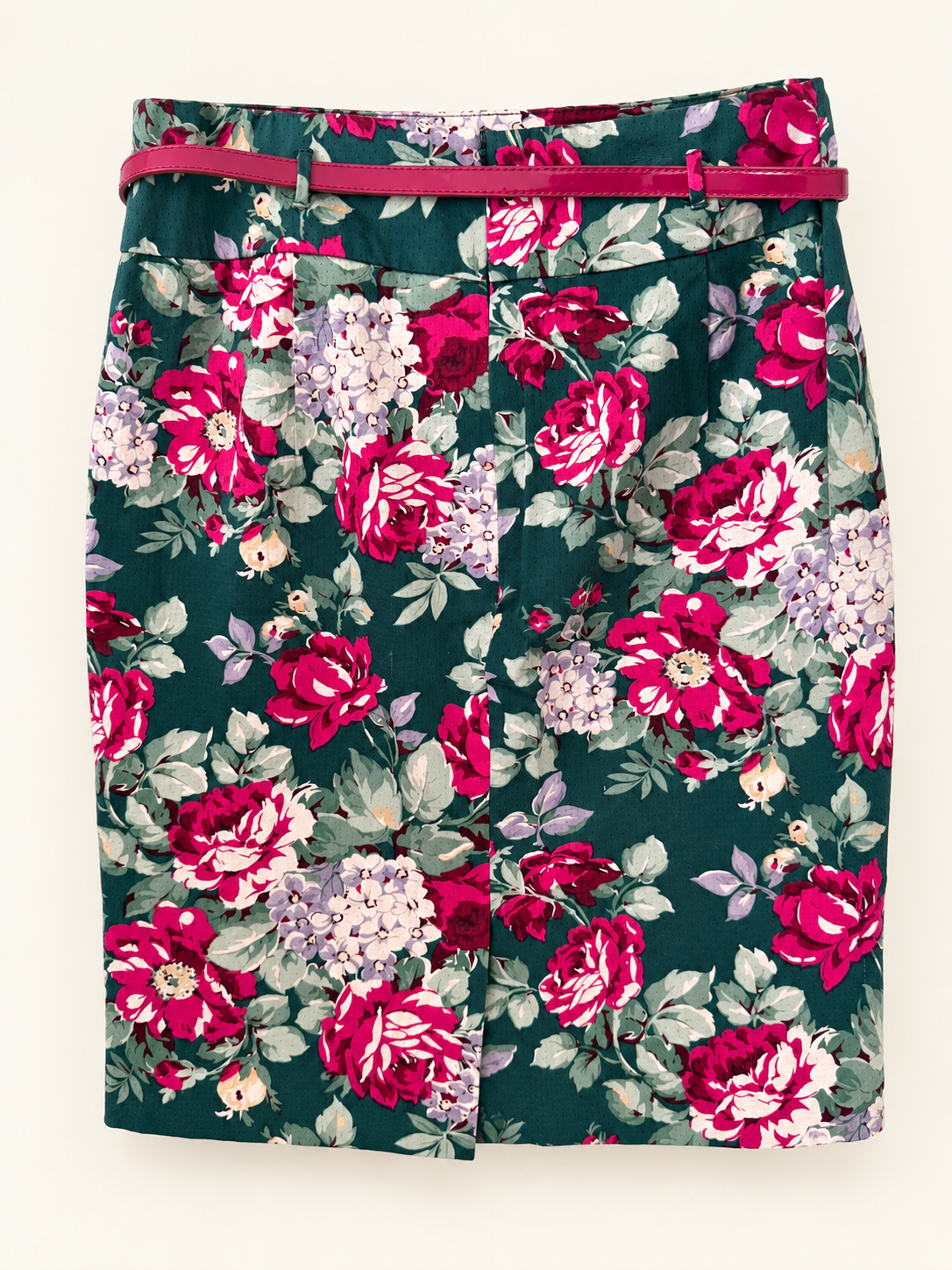 AI-edited garment-only back view of Review Green Floral Pencil Skirt with Pink Belt, based on the actual item photo