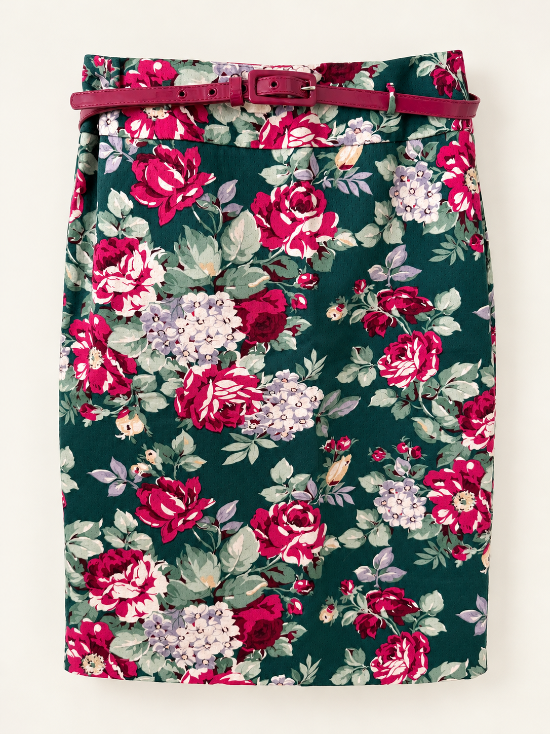 AI-edited garment-only front view of Review Green Floral Pencil Skirt with Pink Belt, based on the actual item photo