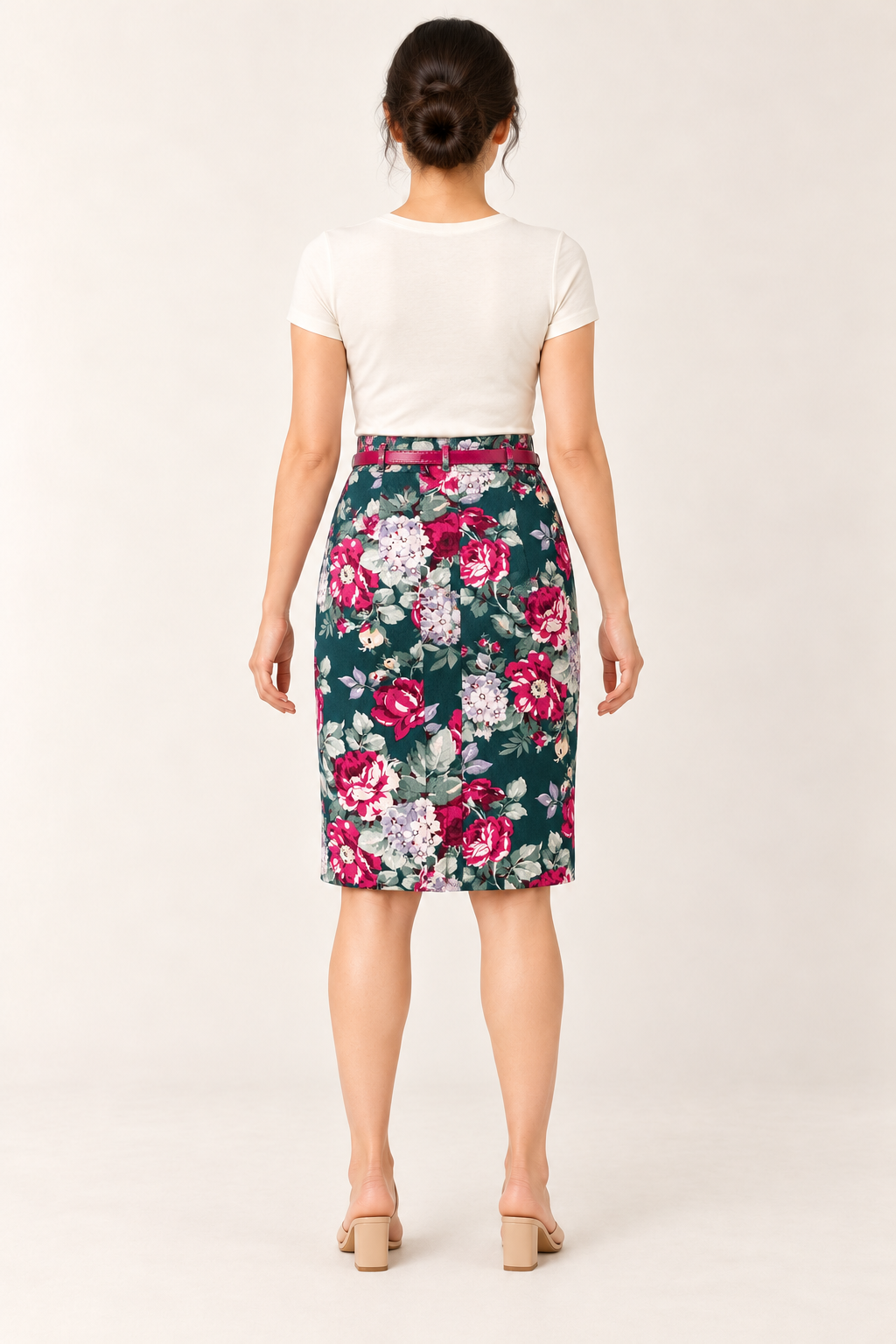 AI-generated rear model view of Review Green Floral Pencil Skirt with Pink Belt