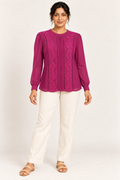 AI-generated front model view of Review Magenta Long-Sleeve Detail Blouse