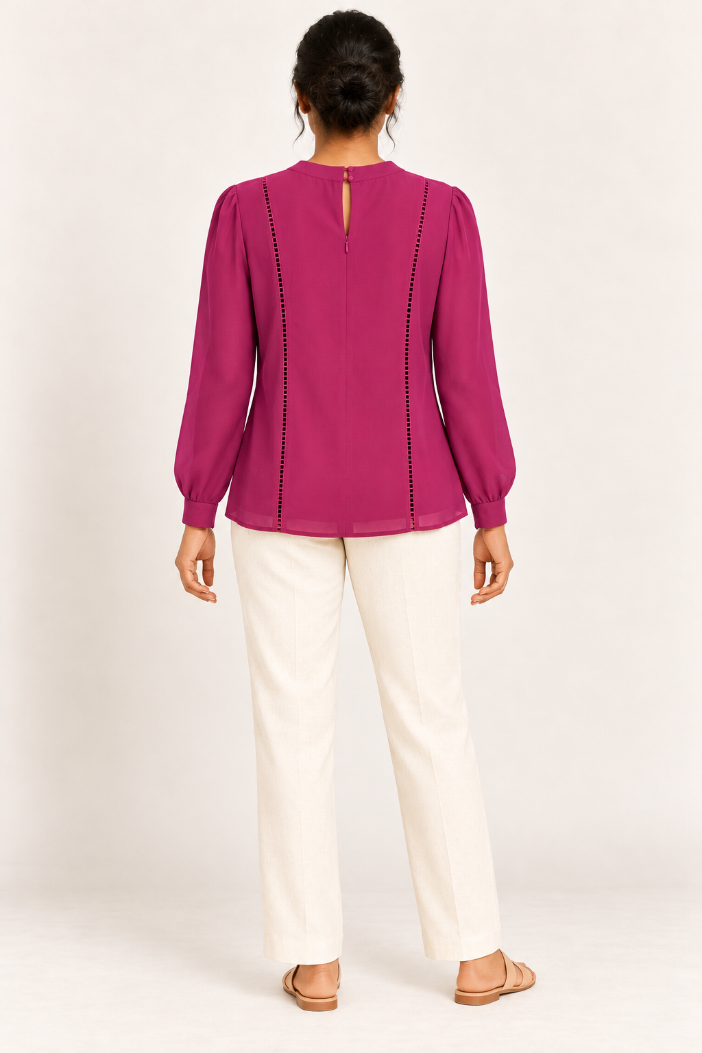 AI-generated rear model view of Review Magenta Long-Sleeve Detail Blouse