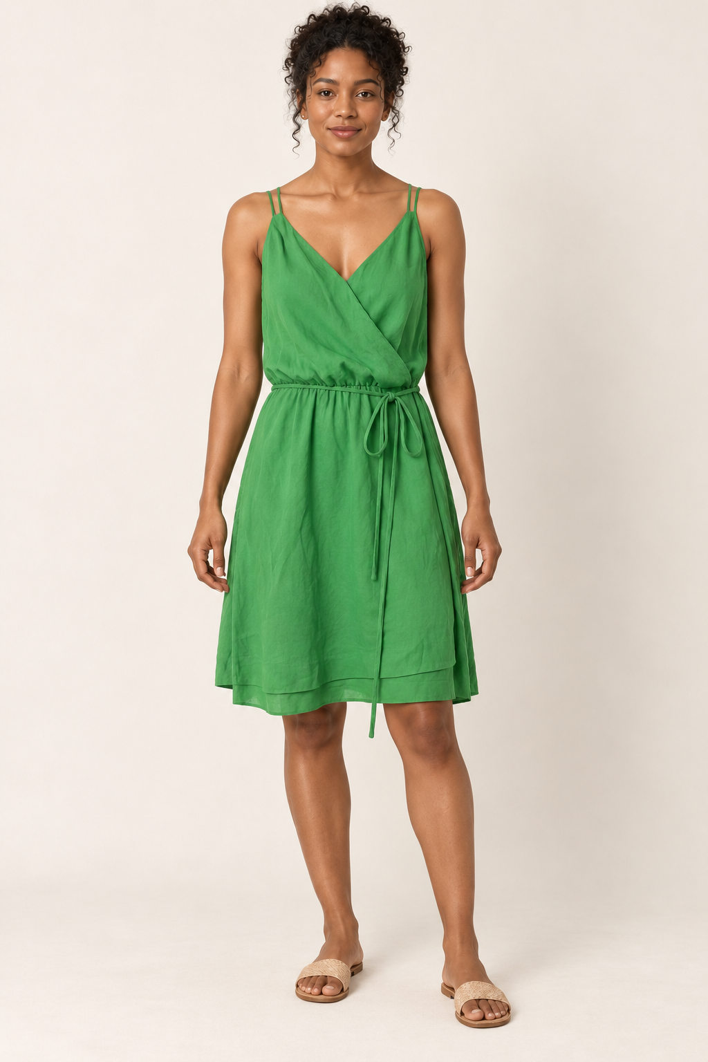 AI-generated front model view of Zara Basic Green Strappy Wrap-Style Dress
