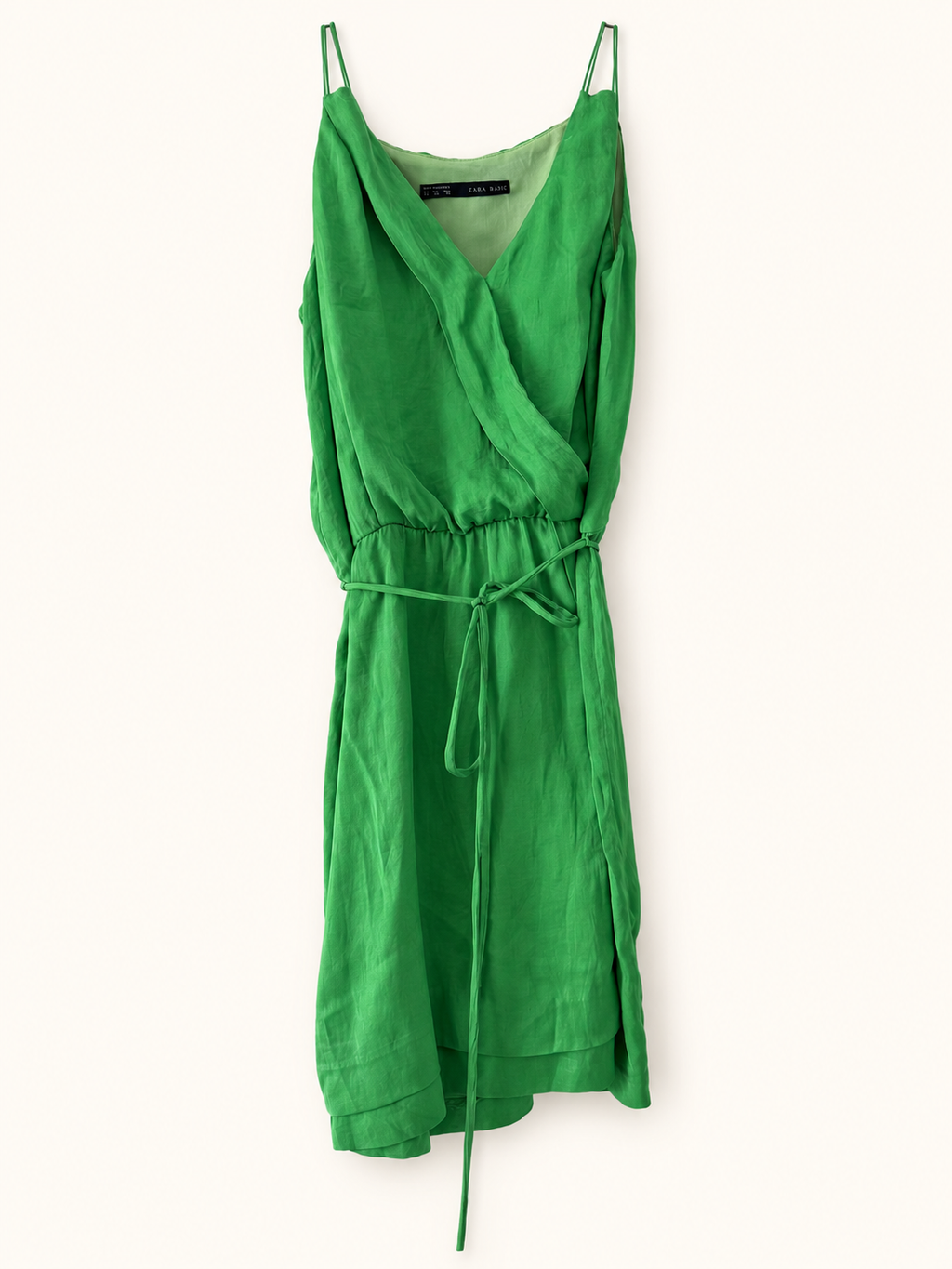 AI-edited garment-only front view of Zara Basic Green Strappy Wrap-Style Dress, based on the actual item photo